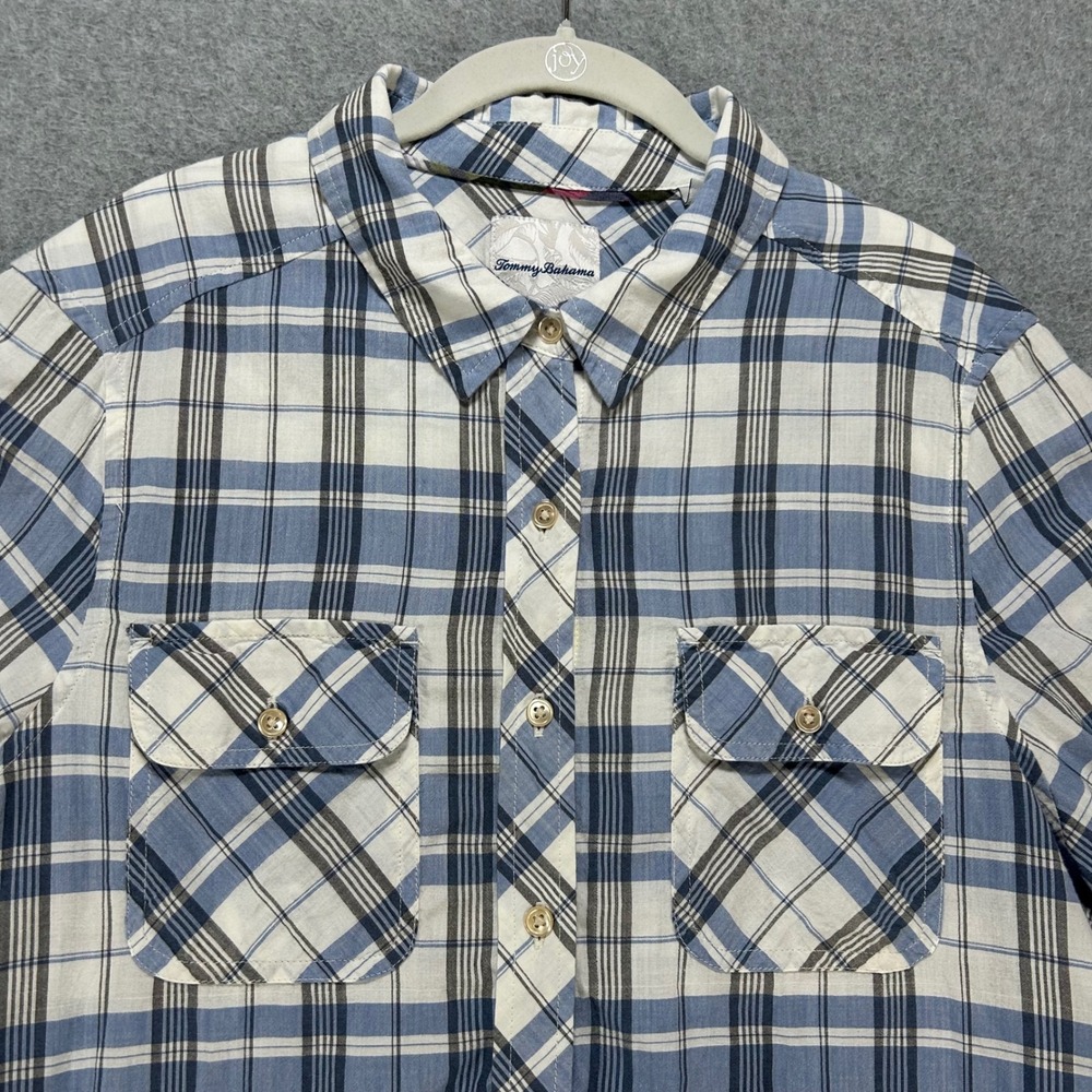 Tommy Bahama Button Down Shirt L Womens Blue Madras Plaid Coastal Preppy